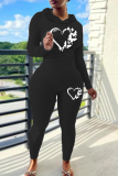 Black Skinny Sportwear Casual Heart Butterfly Print Hooded Long Sleeve Sweatshirt and Sweatpants Fall Winter Two Pieces Sweatsuits Sets