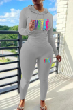 Black Skinny Sportwear Casual Letter Print Hooded Long Sleeve Sweatshirt and Sweatpants Fall Winter Two Pieces Sweatsuits Sets