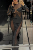 Black Sheer Mesh Bodycon Maxi Dress Round Neck Long Sleeve Night Out Evening Gown