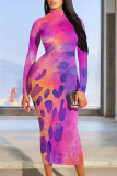 Purple Blue Animal Print O Neck Long Sleeve Casual Outing Vacation Fall Bodycon Maxi Dress
