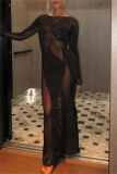 Black Sheer Mesh Bodycon Maxi Dress Round Neck Long Sleeve Night Out Evening Gown