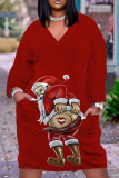 Orange Christmas Party Outfits Santa Claus Print V Neck Long Sleeve Plus Size Straight Loose Midi Dress