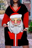 Black Christmas Party Outfits Santa Claus Print V Neck Long Sleeve Plus Size Straight Loose Midi Dress