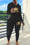 Black Skinny Sportwear Casual Letter Print Hooded Long Sleeve Sweatshirt and Sweatpants Fall Winter Two Pieces Sweatsuits Sets