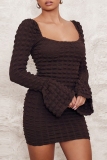 Coffee Bubble Textured Square Neck Flare Sleeve Night Out Holiday Party Bodycon Club Mini Dess