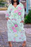 Pink Floral Print V Neck Long Sleeve Ankle Length Casual Outing Straight Loose Maxi Dress with Pocket