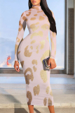 Purple Blue Animal Print O Neck Long Sleeve Casual Outing Vacation Fall Bodycon Maxi Dress