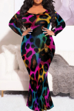 Gold Pink Leopard Print O Neck Long Sleeve Floor Length Casual Outing Vacation Bodycon Fishtail Maxi Dress