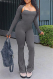 Grey Skinny U Neck halter Cami Jumpsuits and Long Sleeve Cardigans Blouse Two Pieces Matching Sets