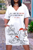 White Red Christmas Party Outfits Figure Print V Neck Short Sleeve Straight Loose Midi Dress
