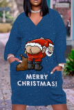 Orange Christmas Party Outfits Santa Claus Print V Neck Long Sleeve Plus Size Straight Loose Midi Dress