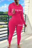 Black Skinny Sportwear Casual Letter Print Hooded Long Sleeve Sweatshirt and Sweatpants Fall Winter Two Pieces Sweatsuits Sets