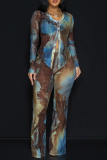 Blue Gauze Casual Abstract Print Button up V Neck Long Sleeve Shirts and Flare Leg Panst Skinny Two Pieces Matching Sets