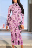Purple Blue Animal Print O Neck Long Sleeve Casual Outing Vacation Fall Bodycon Maxi Dress