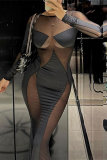 Black Sheer Mesh Bodycon Maxi Dress Round Neck Long Sleeve Night Out Evening Gown