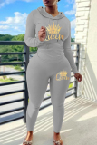 Black Skinny Sportwear Casual Letter Print Hooded Long Sleeve Sweatshirt and Sweatpants Fall Winter Two Pieces Sweatsuits Sets