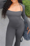 Grey Skinny U Neck halter Cami Jumpsuits and Long Sleeve Cardigans Blouse Two Pieces Matching Sets