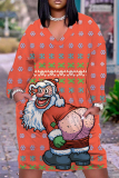 Orange Christmas Party Outfits Santa Claus Print V Neck Long Sleeve Plus Size Straight Loose Midi Dress