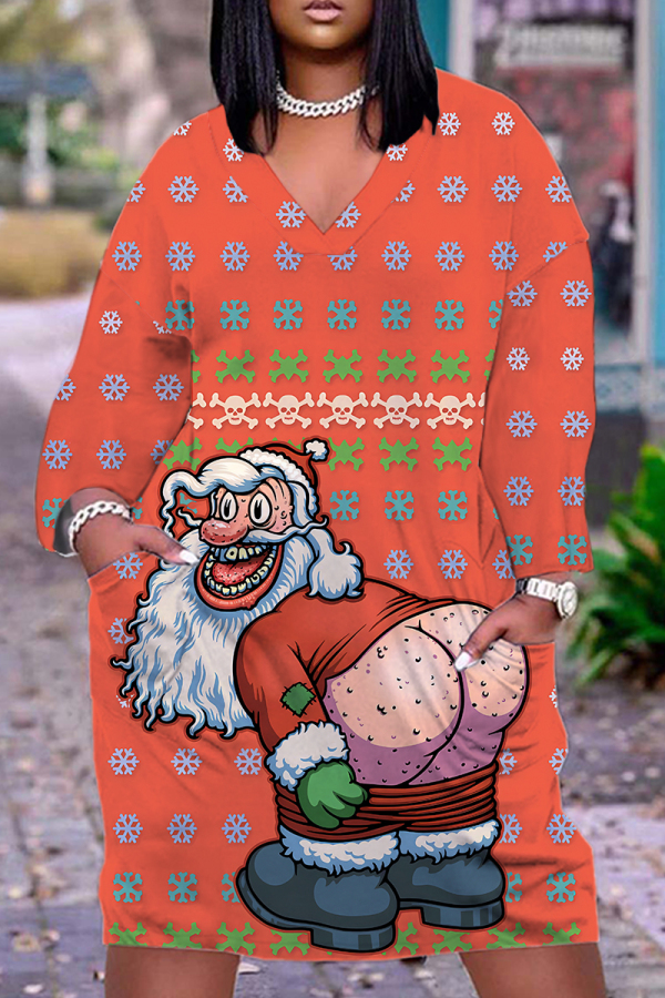 Orange Christmas Party Outfits Santa Claus Print V Neck Long Sleeve Plus Size Straight Loose Midi Dress