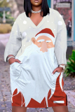 Black Christmas Party Outfits Santa Claus Print V Neck Long Sleeve Plus Size Straight Loose Midi Dress