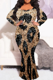 Gold Pink Leopard Print O Neck Long Sleeve Floor Length Casual Outing Vacation Bodycon Fishtail Maxi Dress