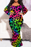 Gold Pink Leopard Print O Neck Long Sleeve Floor Length Casual Outing Vacation Bodycon Fishtail Maxi Dress