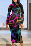 Purple Blue Animal Print O Neck Long Sleeve Casual Outing Vacation Fall Bodycon Maxi Dress