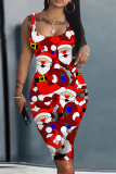 Blus Christmas Party Dress Santa Claus Print U Neck Sleeveless Knee Length Plus Size Bodycon Vest Midi Dresses