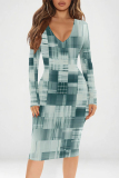 Brown Geometric Print V Neck Long Sleeve Casual Outing Bodycon Pencil Mid Dress