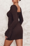 Coffee Bubble Textured Square Neck Flare Sleeve Night Out Holiday Party Bodycon Club Mini Dess