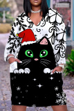 Blue Christmas Party Outfits Deer Cat Print V Neck Long Sleeve Plus Size Straight Loose Midi Dress