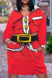 Black Christmas Party Outfits Santa Claus Print V Neck Long Sleeve Plus Size Straight Loose Midi Dress