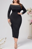 Black Off Shoulder Long Sleeve Hot Drill Formal Evening Party Bodycon Midi Dress