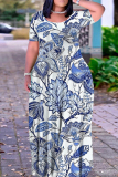 Dark Brown Animal Print O Neck Short Sleeve Floor Length Casual Outing Plus Size Straight Loose Maxi Dress