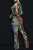 Blue Gauze Casual Abstract Print Button up V Neck Long Sleeve Shirts and Flare Leg Panst Skinny Two Pieces Matching Sets