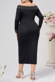 Black Off Shoulder Long Sleeve Hot Drill Formal Evening Party Bodycon Midi Dress