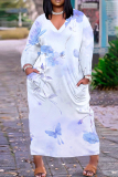 Pink Floral Print V Neck Long Sleeve Ankle Length Casual Outing Straight Loose Maxi Dress with Pocket