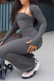 Grey Skinny U Neck halter Cami Jumpsuits and Long Sleeve Cardigans Blouse Two Pieces Matching Sets