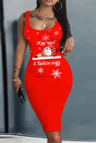 Blus Christmas Party Dress Santa Claus Print U Neck Sleeveless Knee Length Plus Size Bodycon Vest Midi Dresses