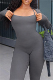 Grey Skinny U Neck halter Cami Jumpsuits and Long Sleeve Cardigans Blouse Two Pieces Matching Sets