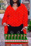 Blue Christmas Party Outfits Deer Cat Print V Neck Long Sleeve Plus Size Straight Loose Midi Dress