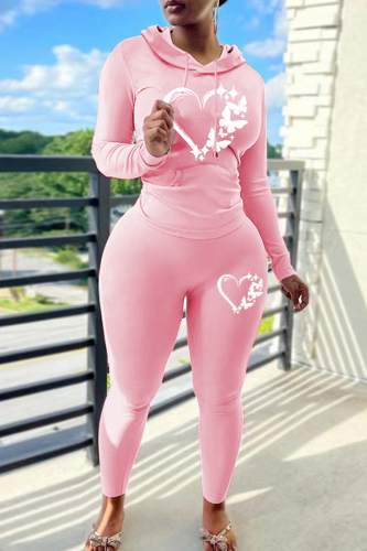 Black Skinny Sportwear Casual Heart Butterfly Print Hooded Long Sleeve Sweatshirt and Sweatpants Fall Winter Two Pieces Sweatsuits Sets