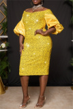 Yellow Glitter Sequin Midi Dress Off-Shoulder Puff Sleeve Knee-Length Cocktail Event Plus Size Bodycon Sparkle Wedding Guest Party Gown