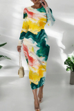 Yellow Blue Ink Watercolor Print O Neck Long Sleeve Casual Outing Vacation Wrap Maxi Dress