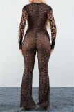 Gauze Sexy Party Club Leopard Print See-Through Round Neck Long Sleeve Flare Leg Bodycon Jumpsuits
