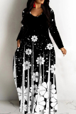 Black Graphic Print V Neck Long Sleeve Floor Length Casual Outing Straight Loose Maxi Dress