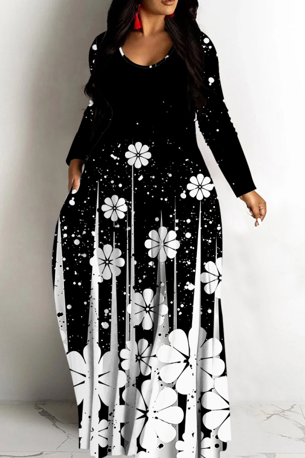 Black Graphic Print V Neck Long Sleeve Floor Length Casual Outing Straight Loose Maxi Dress
