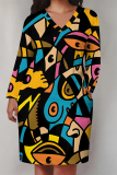 Brown Geometric Print Colorblock V Neck Long Sleeve Pocket Casual Outing Plus Size Loose Midi Dress