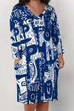 Brown Geometric Print Colorblock V Neck Long Sleeve Pocket Casual Outing Plus Size Loose Midi Dress