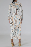 Black Grey Geometric Print O Neck Long Sleeve Casual Outing Bodycon Pencil Midi Drsss